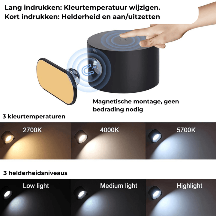 LumaSphere Draadloze Wandlamp – USB-Oplaadbaar, 360° Draaibaar &amp; Touch Bediening LED Verlichting