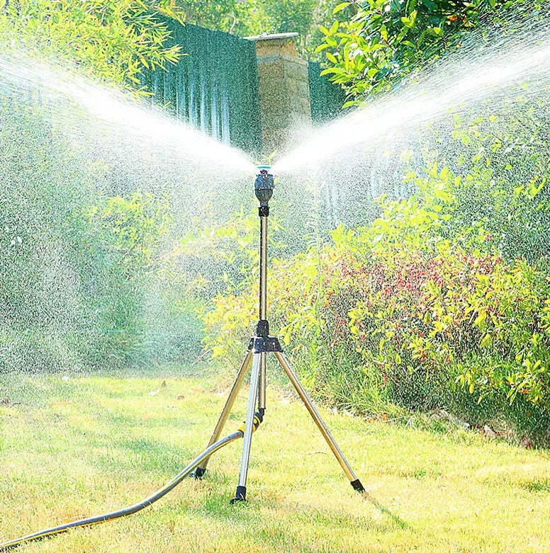 Florava Arroseur de jardin – Trépied en acier inoxydable pivotant à 360° pour pelouses