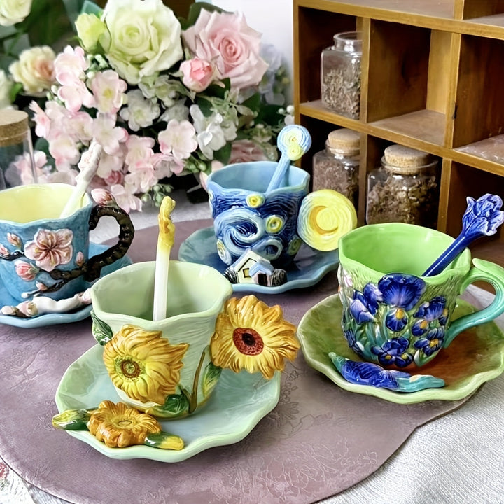 ArtSip Keramische Kop &amp; Schotel Set – Handgeschilderd 3D Design geïnspireerd op Van Gogh Vestragear