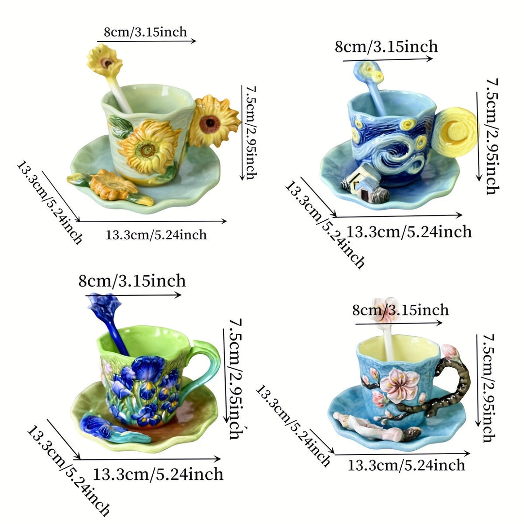 ArtSip Keramische Kop &amp; Schotel Set – Handgeschilderd 3D Design geïnspireerd op Van Gogh Vestragear