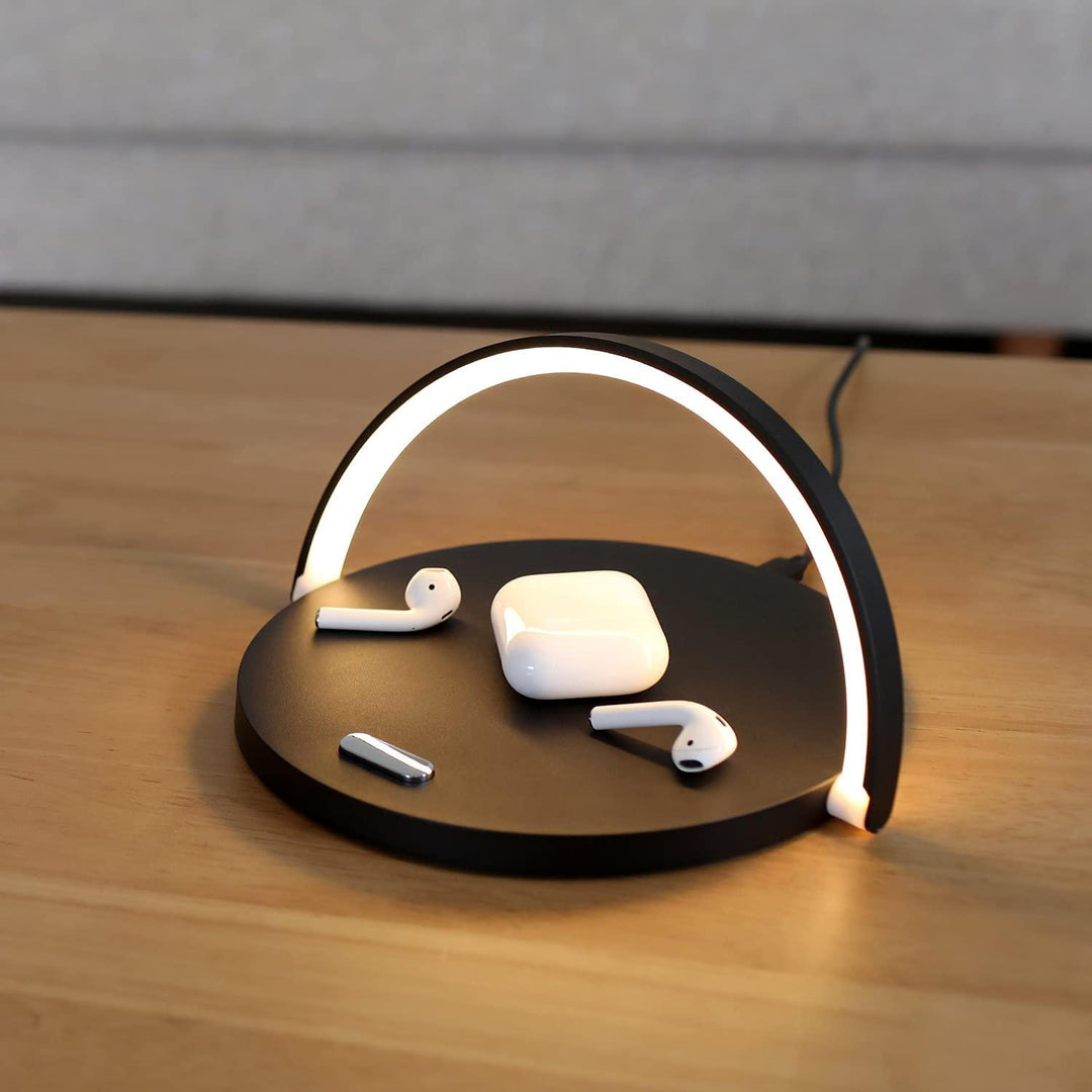 Voltrix Powerlight lámpara de mesa 3 en 1 – carga inalámbrica, luz regulable y soporte para teléfono en un solo diseño