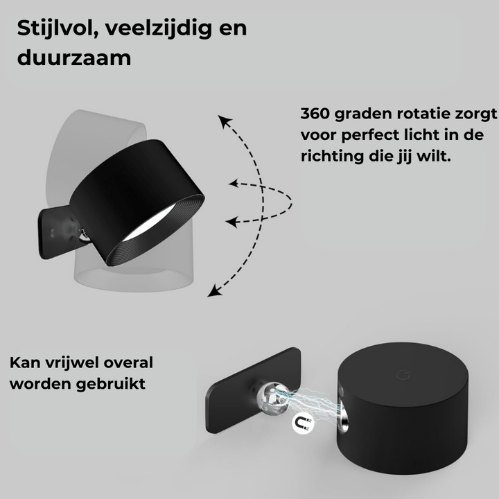 LumaSphere Draadloze Wandlamp – USB-Oplaadbaar, 360° Draaibaar &amp; Touch Bediening LED Verlichting