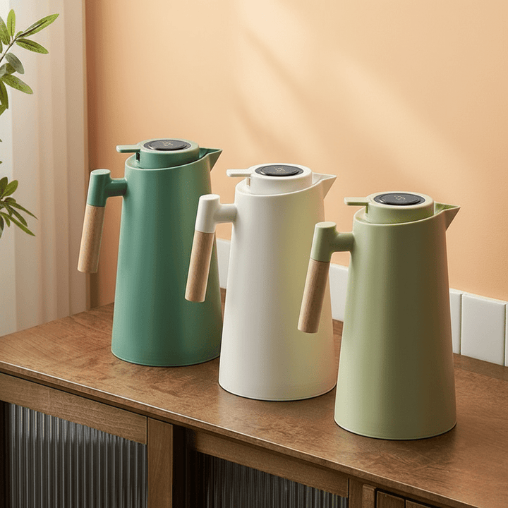 Thermoskan – Dubbelwandig, temperatuurdisplay in deksel &amp; houten handgreep