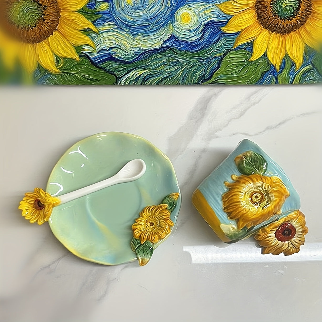 ArtSip Keramische Kop & Schotel Set – Handgeschilderd 3D Design geïnspireerd op Van Gogh Vestragear