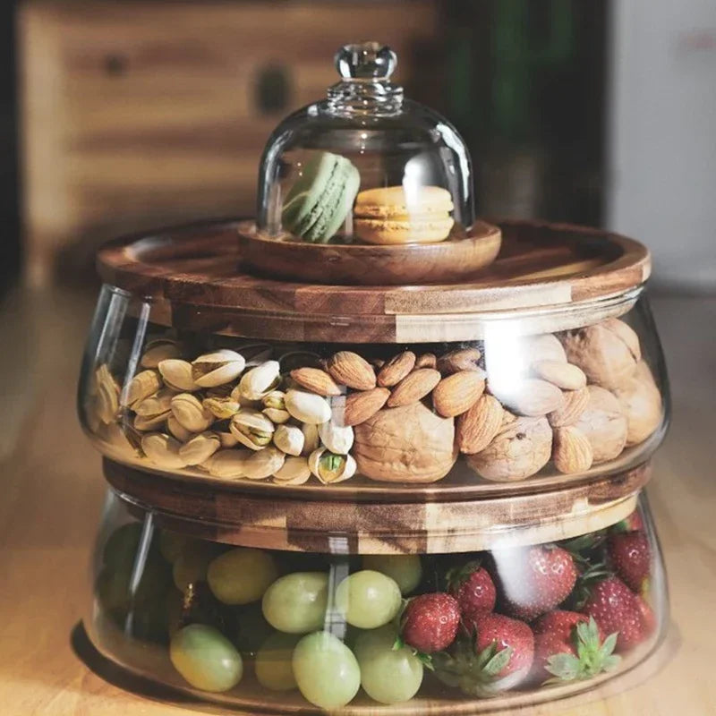 AcaciaCharm | Verfijnde glazen schaal met natuurlijk houten deksel voor gedroogd fruit en snoepgoed 0