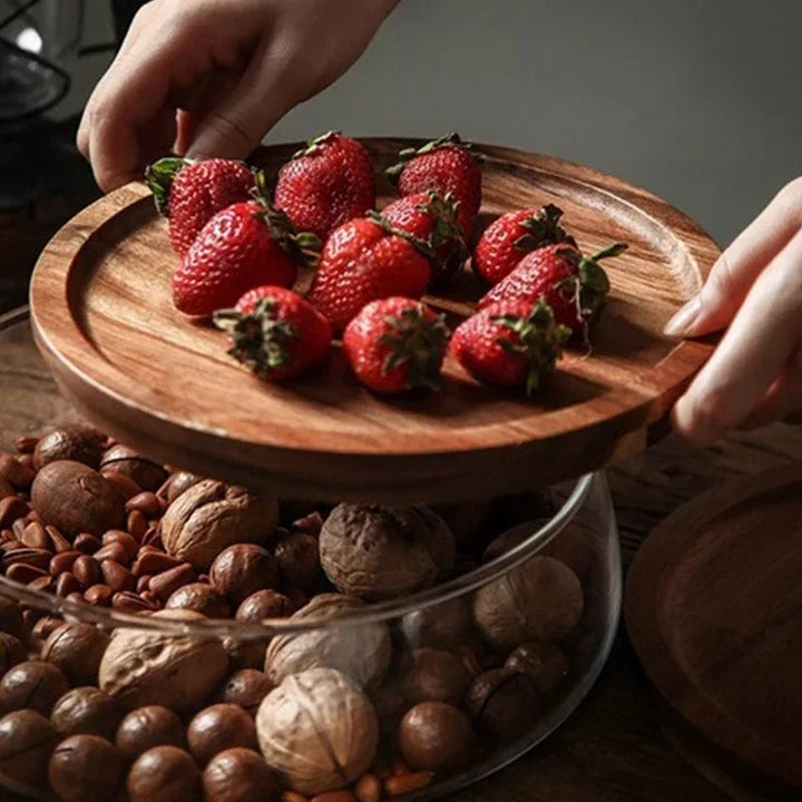 AcaciaCharm | Verfijnde glazen schaal met natuurlijk houten deksel voor gedroogd fruit en snoepgoed 1