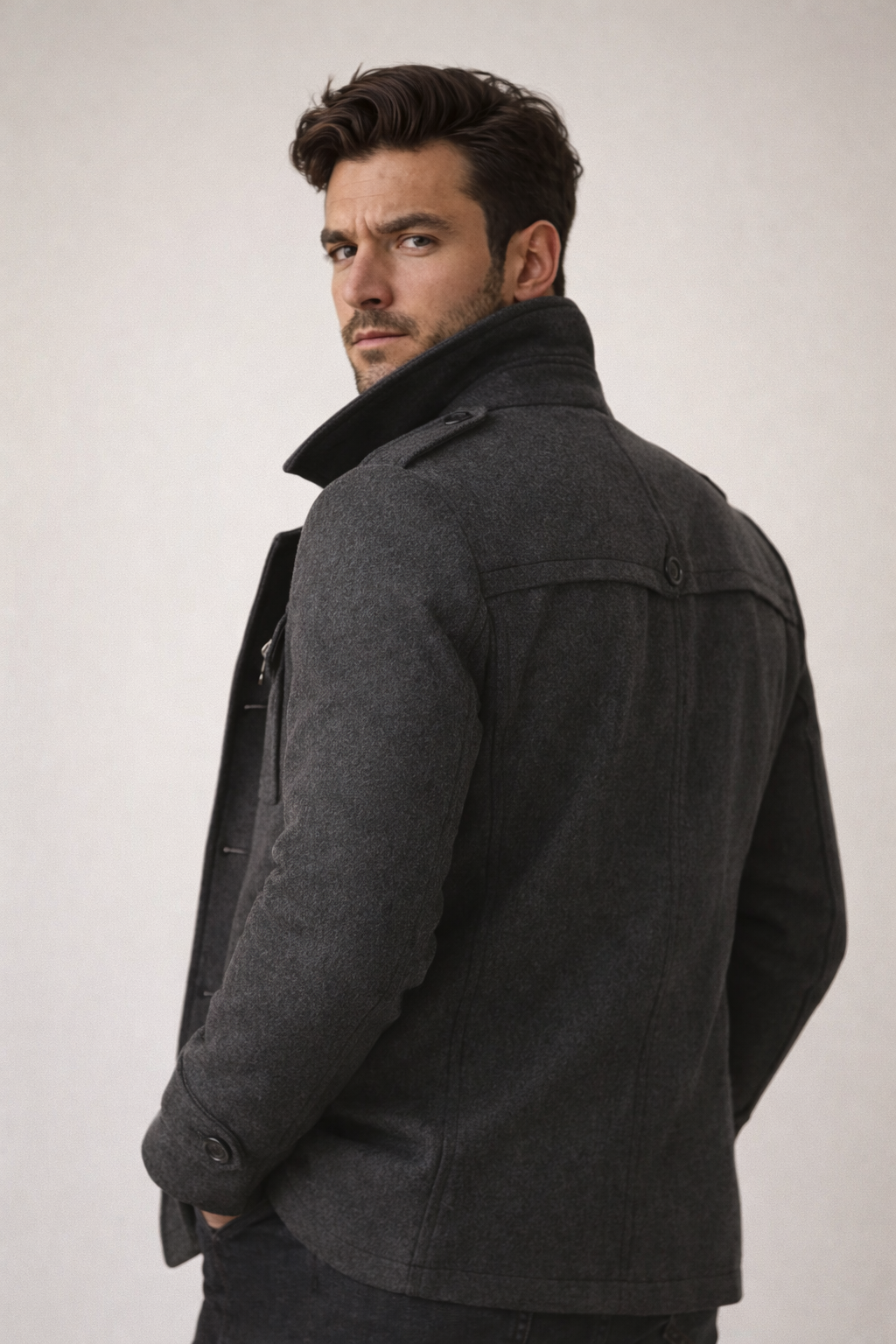 Abric llarg d'home de mescla de llana – jaqueta de doble fila i ajustada