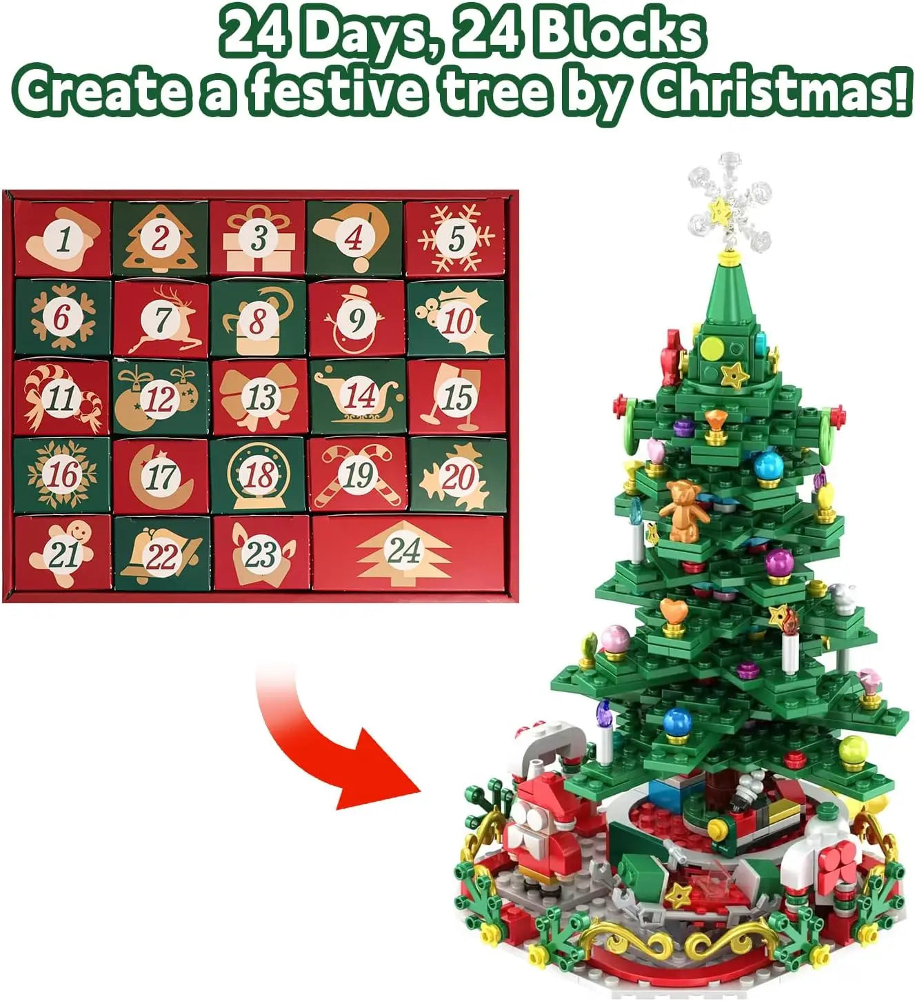 Calendario dell'Avvento Luminova per bambini – Albero di Natale in mattoncini con 24 sorprese e illuminazione a LED, divertimento creativo ed educativo