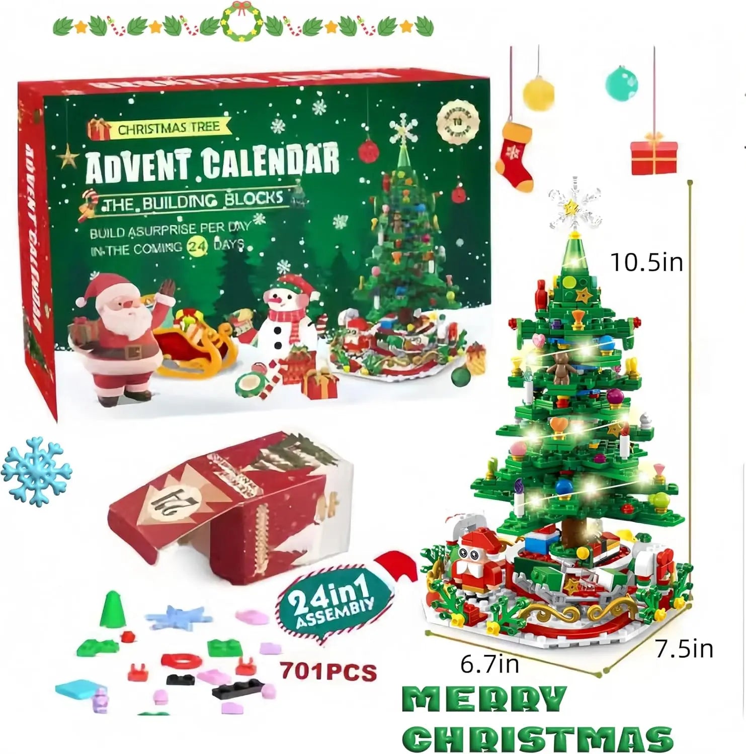 Calendario dell'Avvento Luminova per bambini – Albero di Natale in mattoncini con 24 sorprese e illuminazione a LED, divertimento creativo ed educativo
