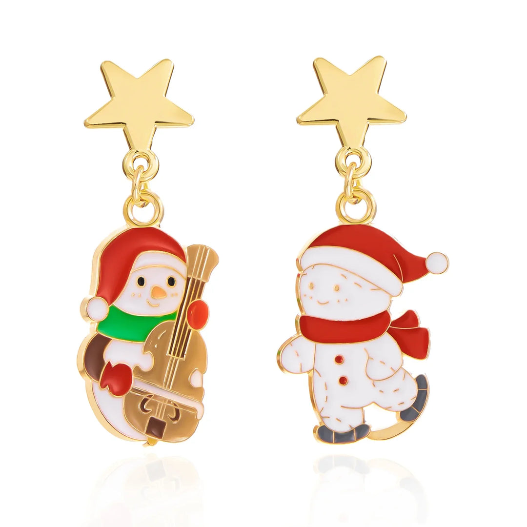 Pendientes Frosty Charm de Navidad – Diseño Asimétrico con Muñeco de Nieve y Lazo Rojo, Accesorio Ligero para Fiestas