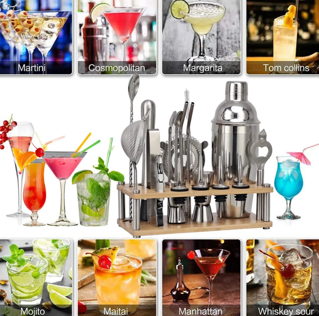 Set de cocktail 23 pièces – Shaker en acier inoxydable, outils de bar &amp; support en bois