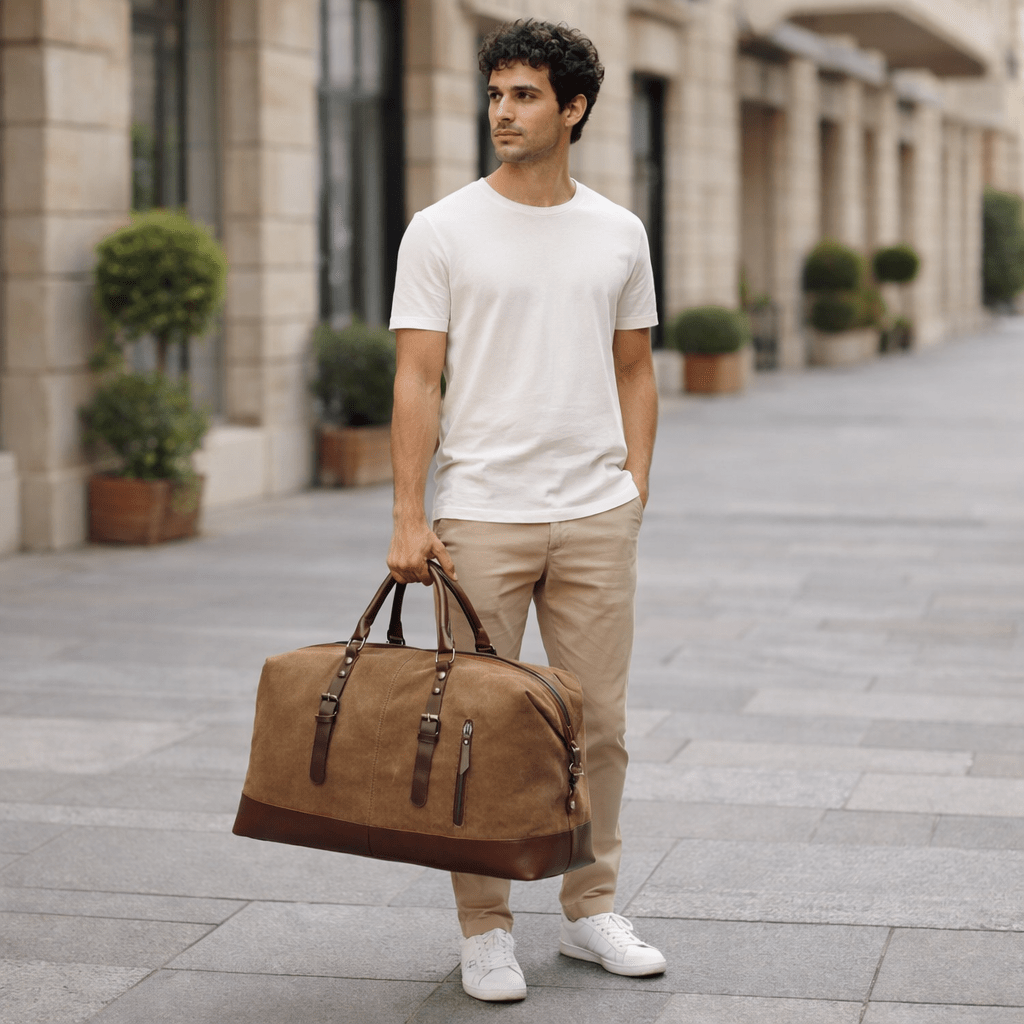 BOLDARA – Leren reistas voor heren met stevige canvas body en elegante details 2