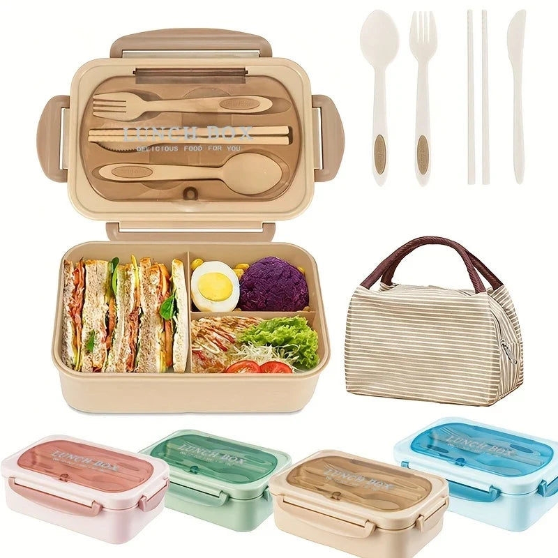 Bento Box für Erwachsene mit 3 Fächern und Besteckset, spülmaschinenfest 0