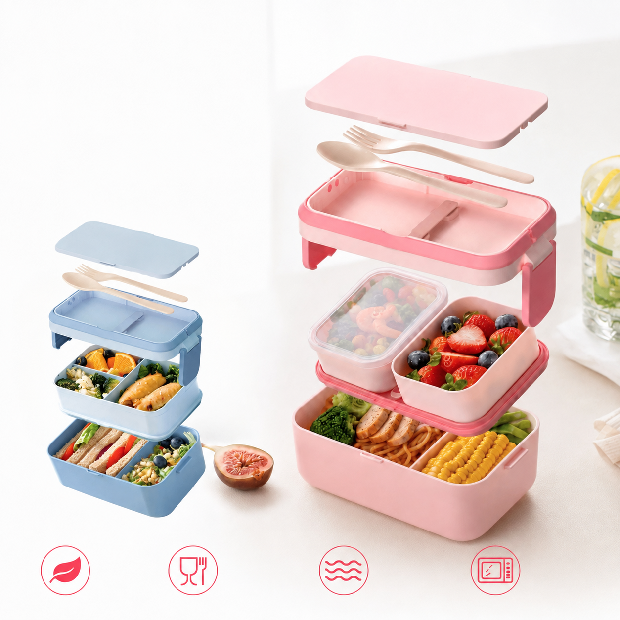 Bentobox voor kinderen – 2 lagen met 1780 ml inhoud en bestek 1