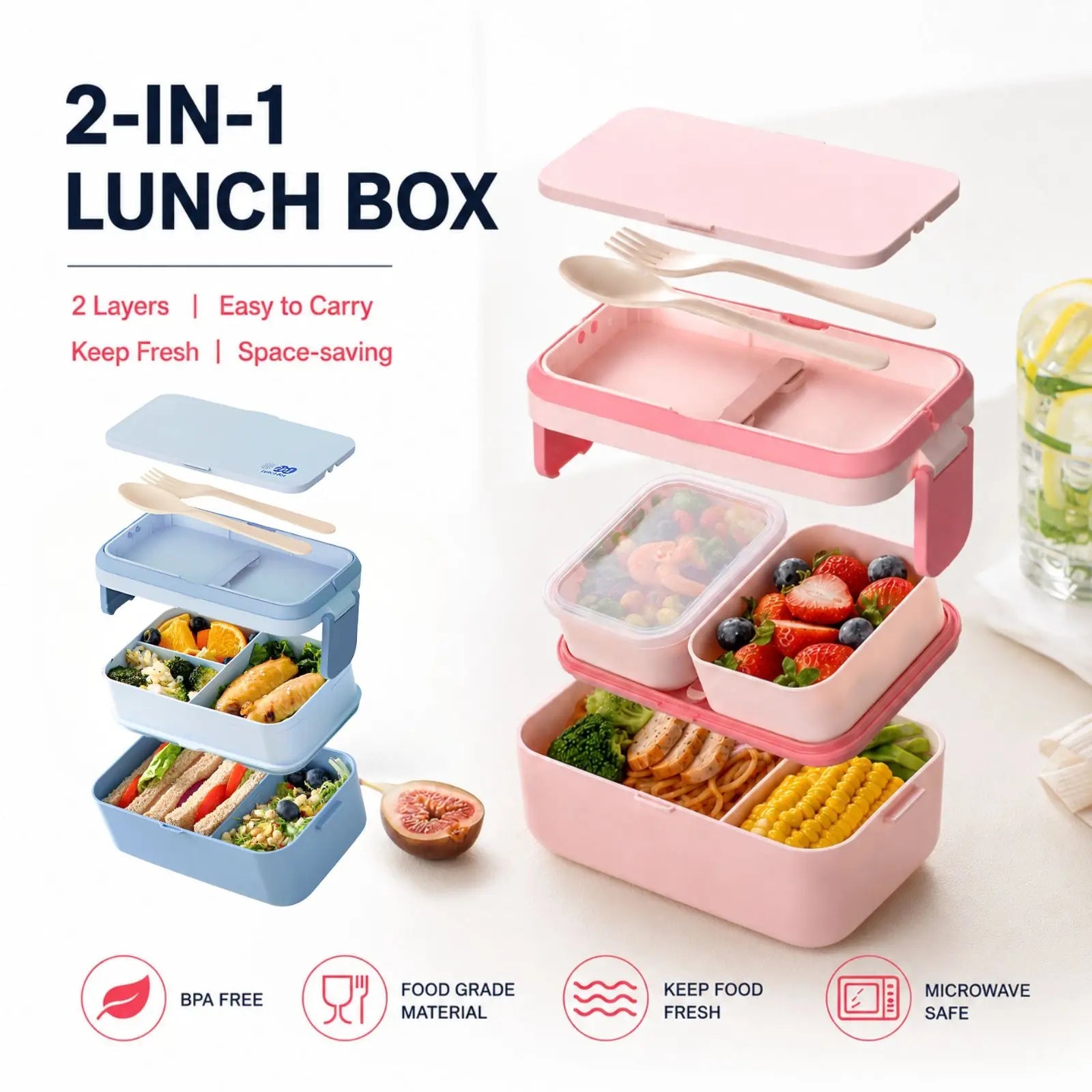 Bentobox voor kinderen – 2 lagen met 1780 ml inhoud en bestek 2