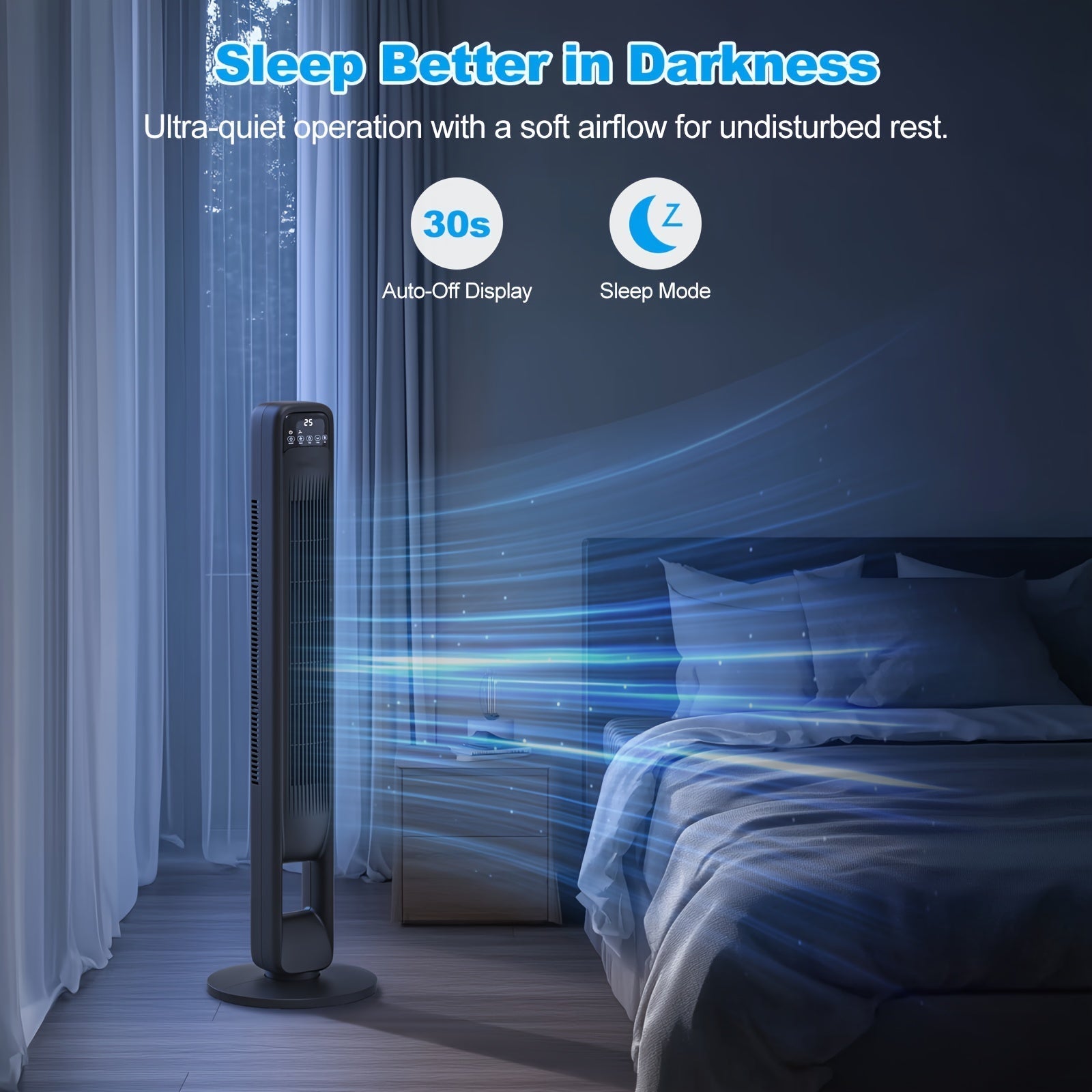 Bladloze Torenventilator 106 cm Zwart Stil 3 Snelheden 12u Timer Oscillerend 60° LED Display Slaapkamer Kantoor Woonkamer | Sansoti 1