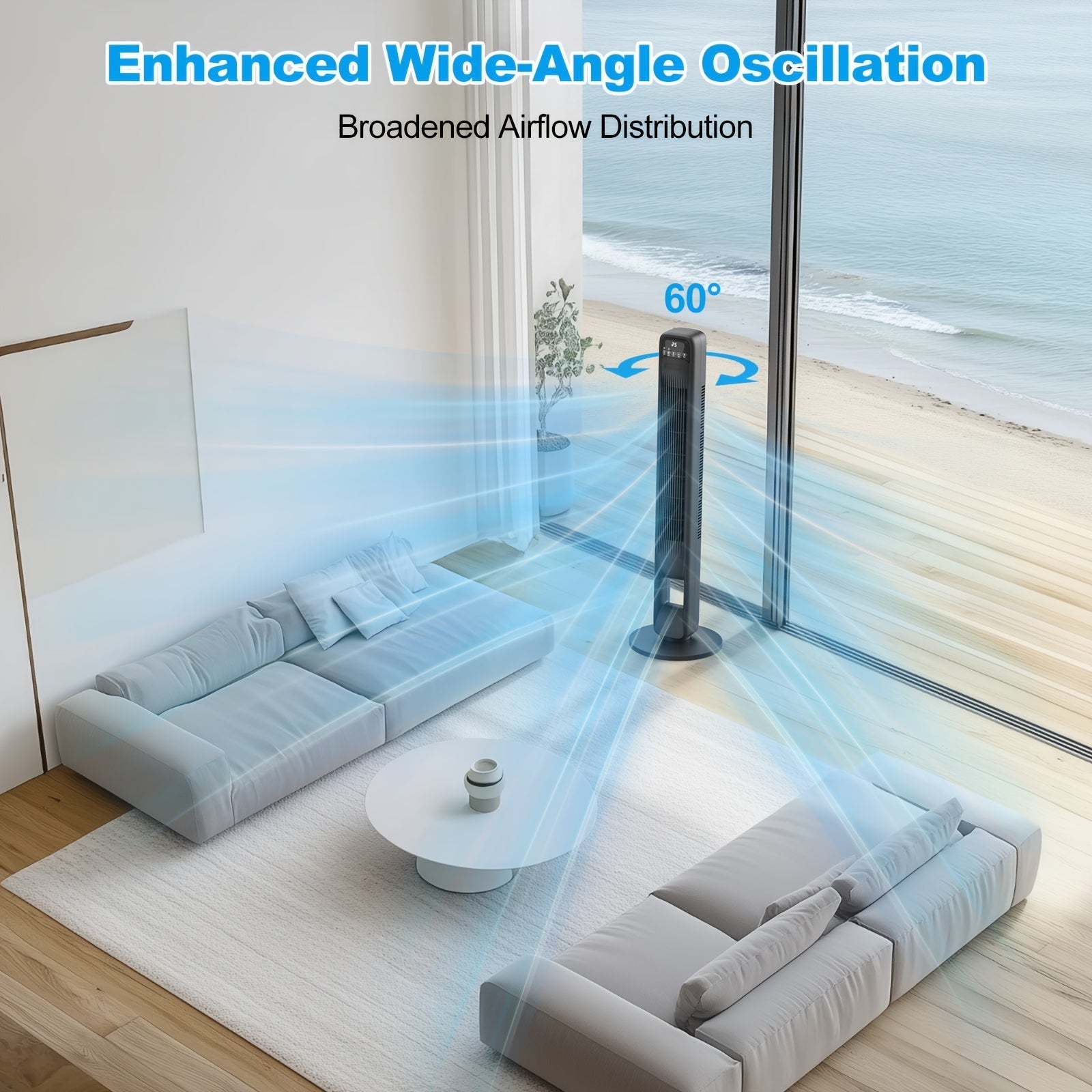 Bladloze Torenventilator 106 cm Zwart Stil 3 Snelheden 12u Timer Oscillerend 60° LED Display Slaapkamer Kantoor Woonkamer | Sansoti 2