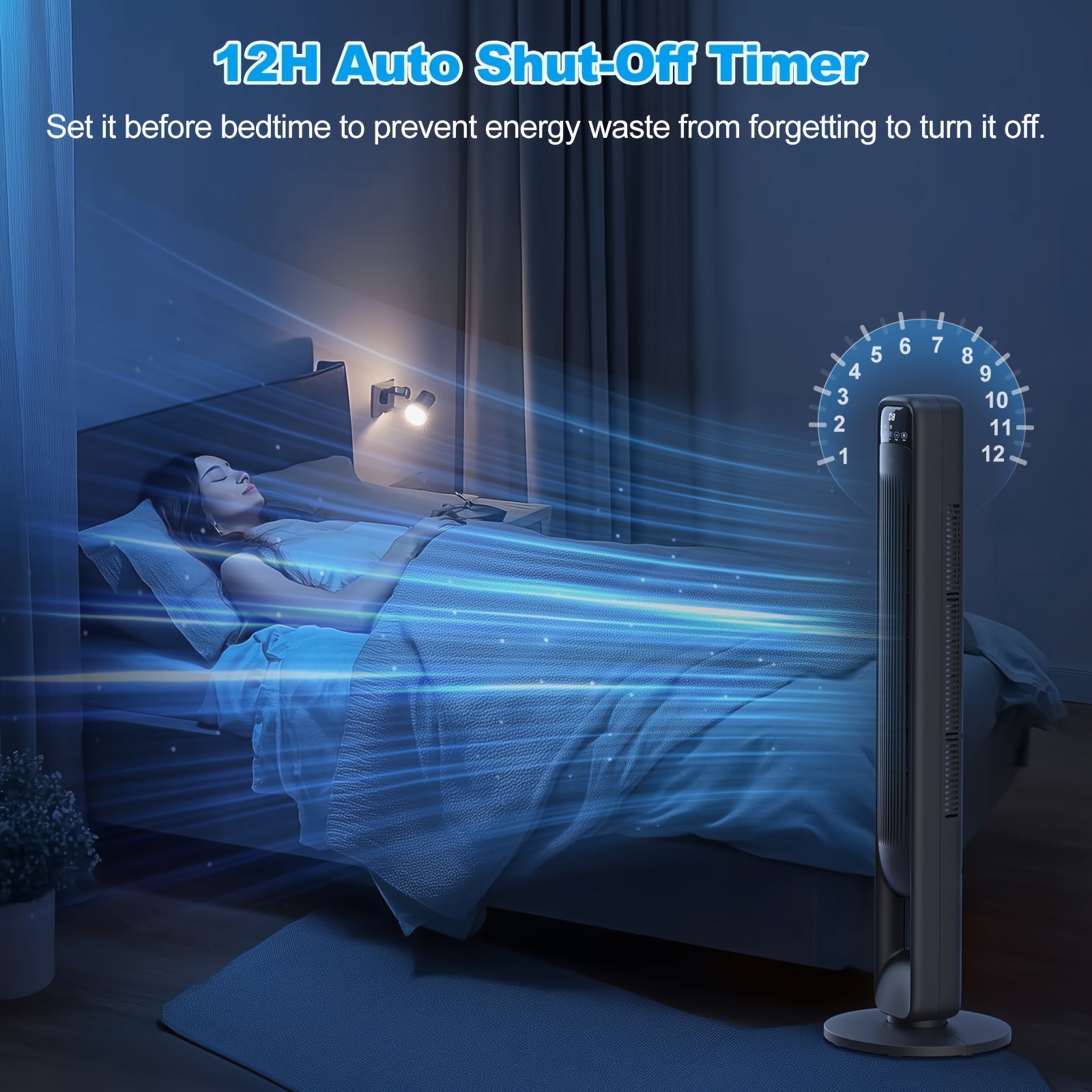 Bladloze Torenventilator 106 cm Zwart Stil 3 Snelheden 12u Timer Oscillerend 60° LED Display Slaapkamer Kantoor Woonkamer | Sansoti 3