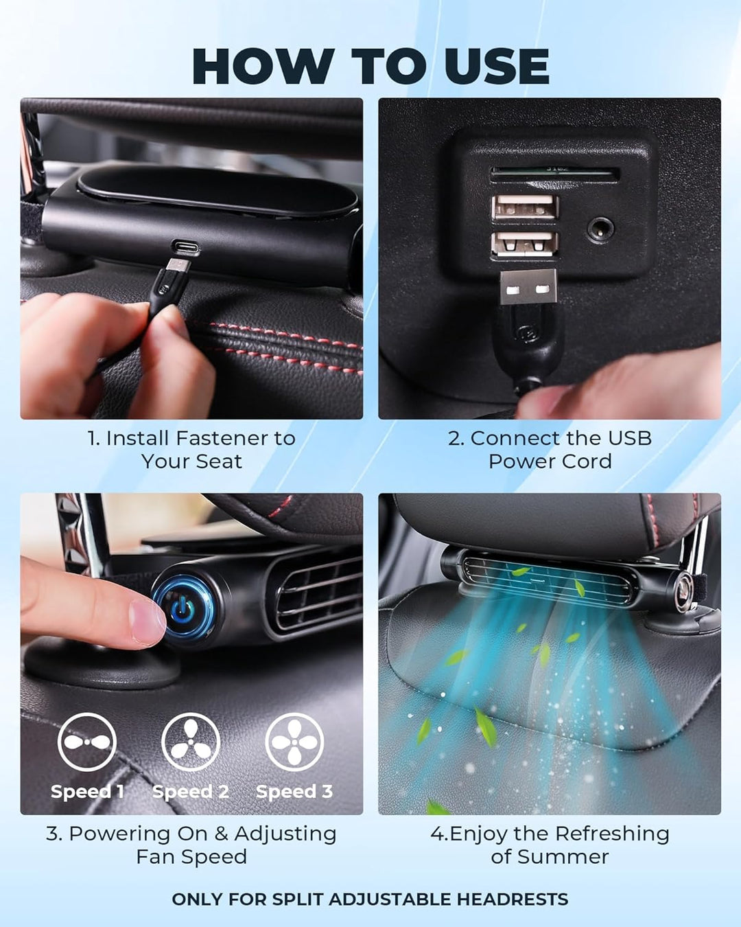 Bladloze USB-autoventilator met 3 snelheden en hoofdsteunbevestiging voor auto 8