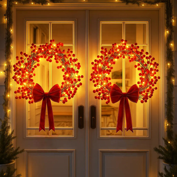 Lighted Holly Berry Wreath – Red Berries with Warm Fairy Lights for Door or Wall Tevako