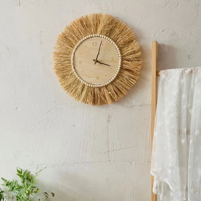 BohoTick | Boho Tarwe Stro Wandklok - Handgemaakte Natuurlijke Vezel, Rustieke Decoratieve Klok 0