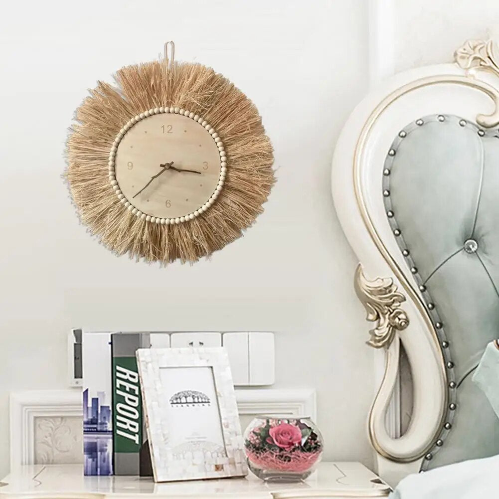 BohoTick | Boho Tarwe Stro Wandklok - Handgemaakte Natuurlijke Vezel, Rustieke Decoratieve Klok 1