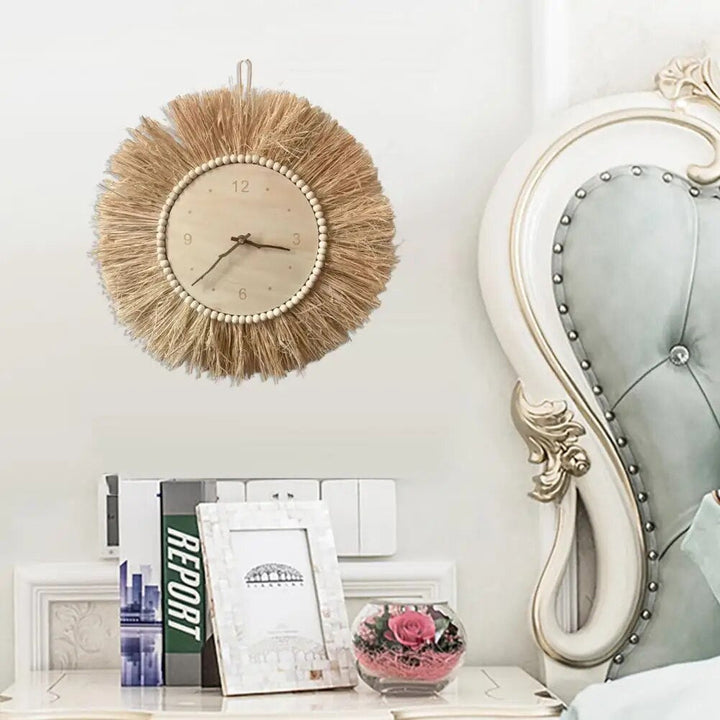 BohoTick | Boho Tarwe Stro Wandklok - Handgemaakte Natuurlijke Vezel, Rustieke Decoratieve Klok 1