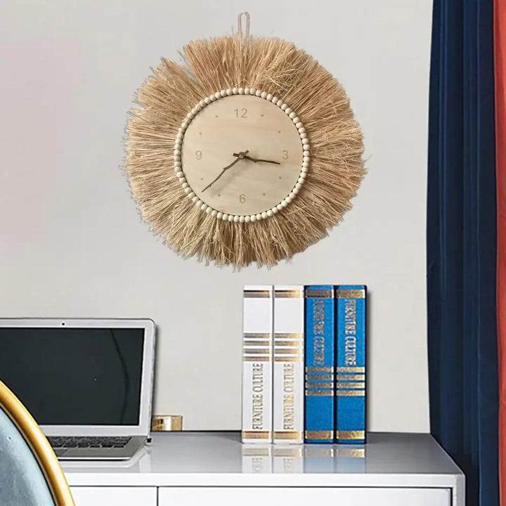 BohoTick | Boho Tarwe Stro Wandklok - Handgemaakte Natuurlijke Vezel, Rustieke Decoratieve Klok 2