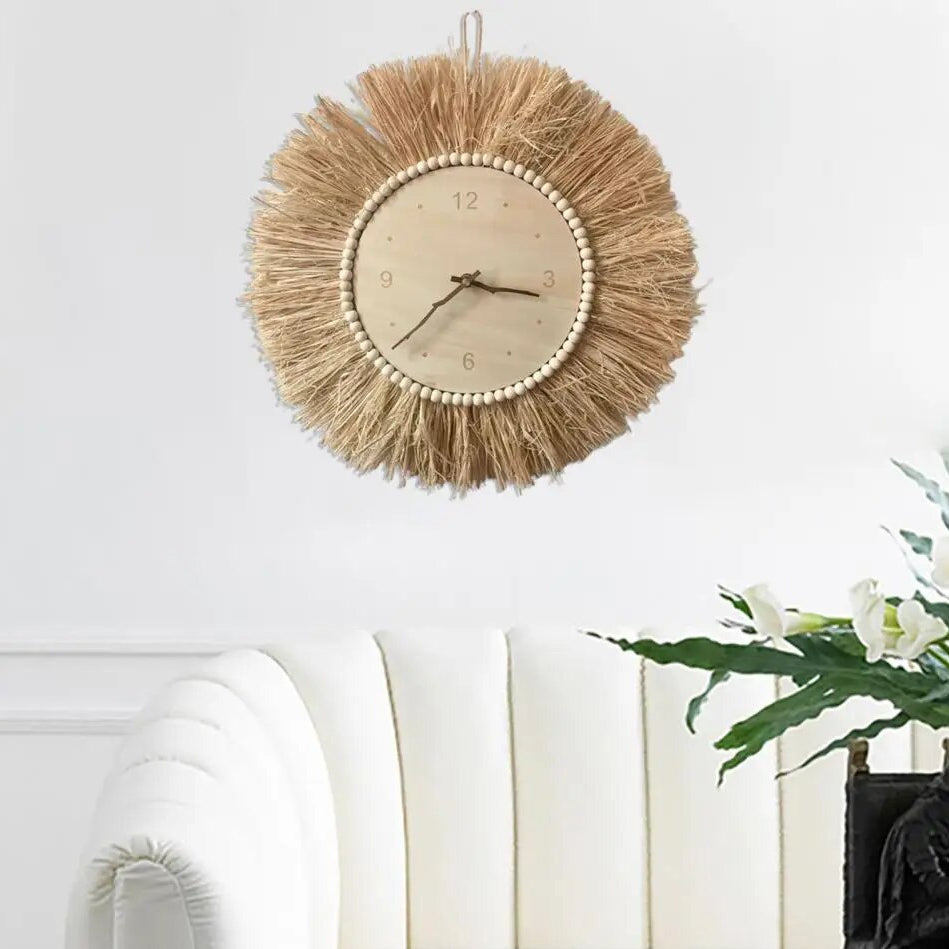 BohoTick | Boho Tarwe Stro Wandklok - Handgemaakte Natuurlijke Vezel, Rustieke Decoratieve Klok 3