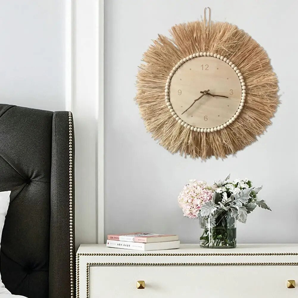 BohoTick | Boho Tarwe Stro Wandklok - Handgemaakte Natuurlijke Vezel, Rustieke Decoratieve Klok 4