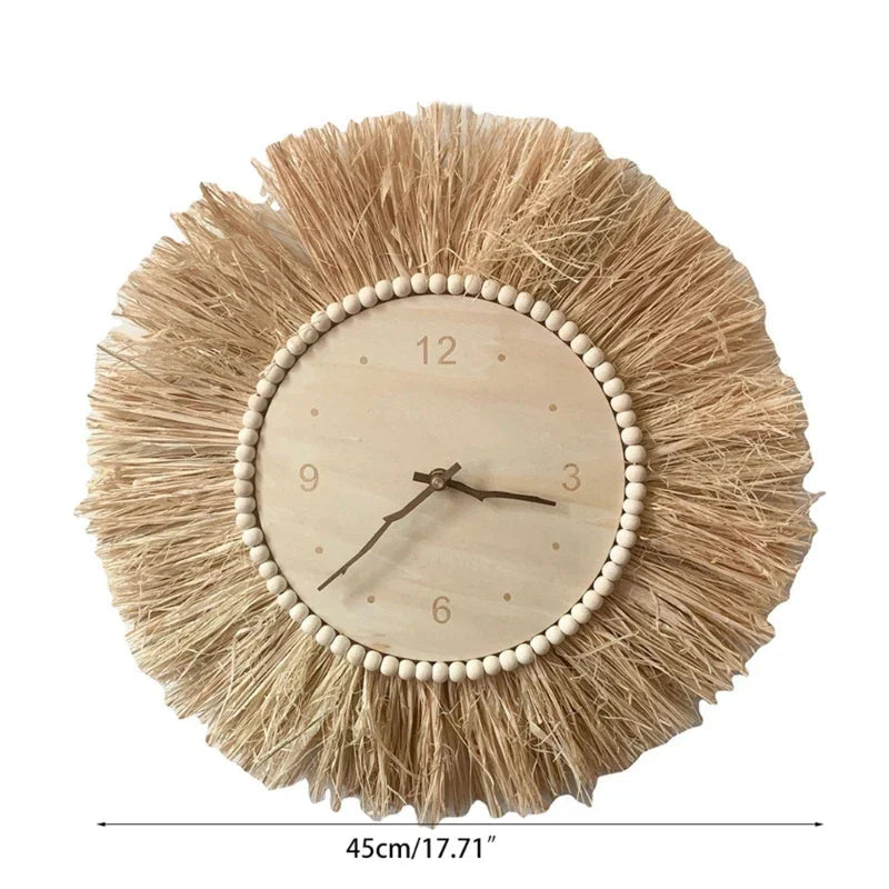 BohoTick | Boho Tarwe Stro Wandklok - Handgemaakte Natuurlijke Vezel, Rustieke Decoratieve Klok 6