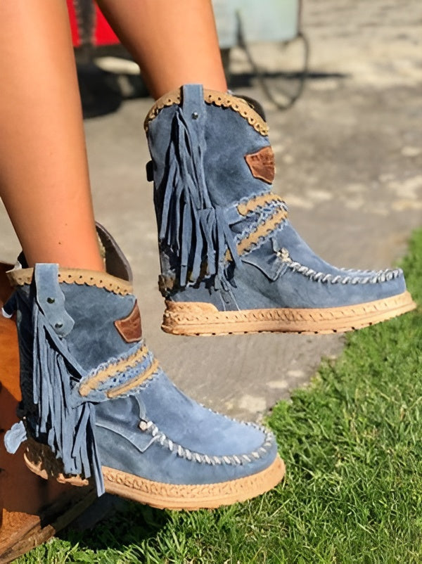 Boho Laarsjes met Franje voor Dames – Suède Western Stijl met Comfort Loopzool | Sansoti 2