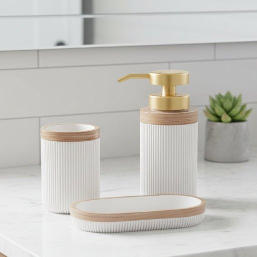 CERAVIA – Witte badkamerset met zeepbakje, dispenser en beker voor een elegante badkamerinrichting 0