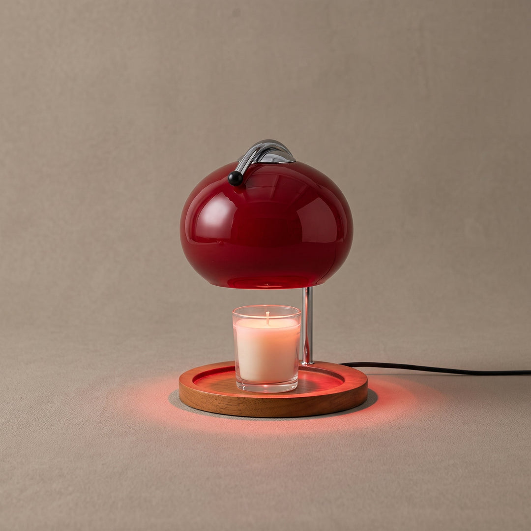 Candle Warmer Lamp with Amber Red Glass Dome &amp; Wood Valet Tray Base 0