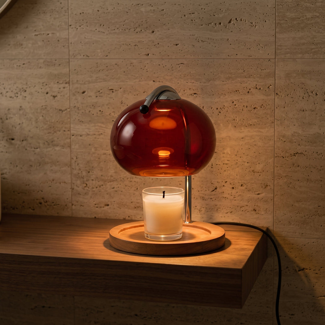 Candle Warmer Lamp with Amber Red Glass Dome &amp; Wood Valet Tray Base 1