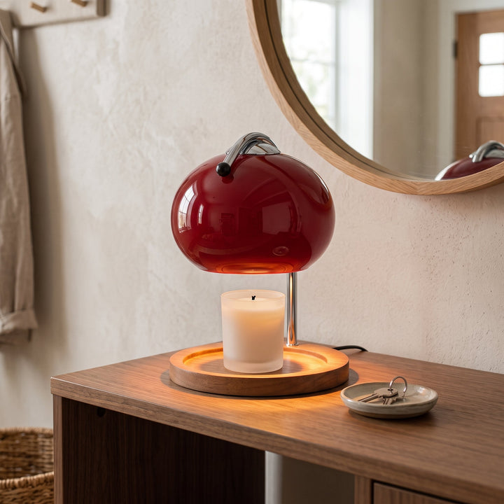 Candle Warmer Lamp with Amber Red Glass Dome &amp; Wood Valet Tray Base 2