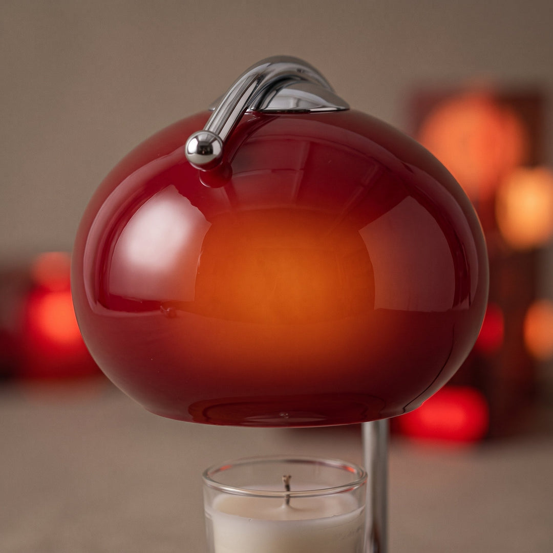 Candle Warmer Lamp with Amber Red Glass Dome &amp; Wood Valet Tray Base 3