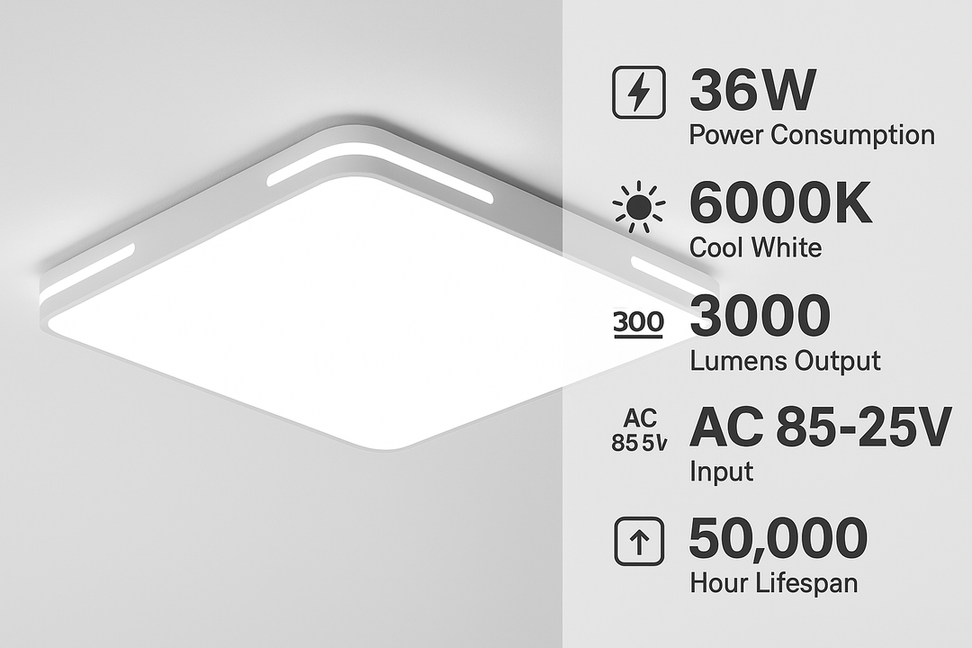 Lámpara de techo Lumora – Diseño cuadrado con LED de 36W, luz blanca fría brillante y protección IP44