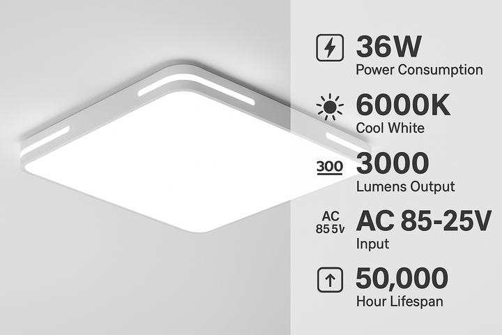 Lámpara de techo Lumora – Diseño cuadrado con LED de 36W, luz blanca fría brillante y protección IP44