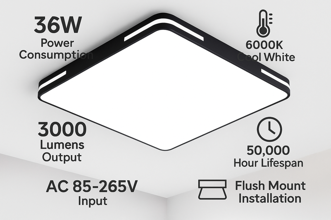 Lámpara de techo Lumora – Diseño cuadrado con LED de 36W, luz blanca fría brillante y protección IP44