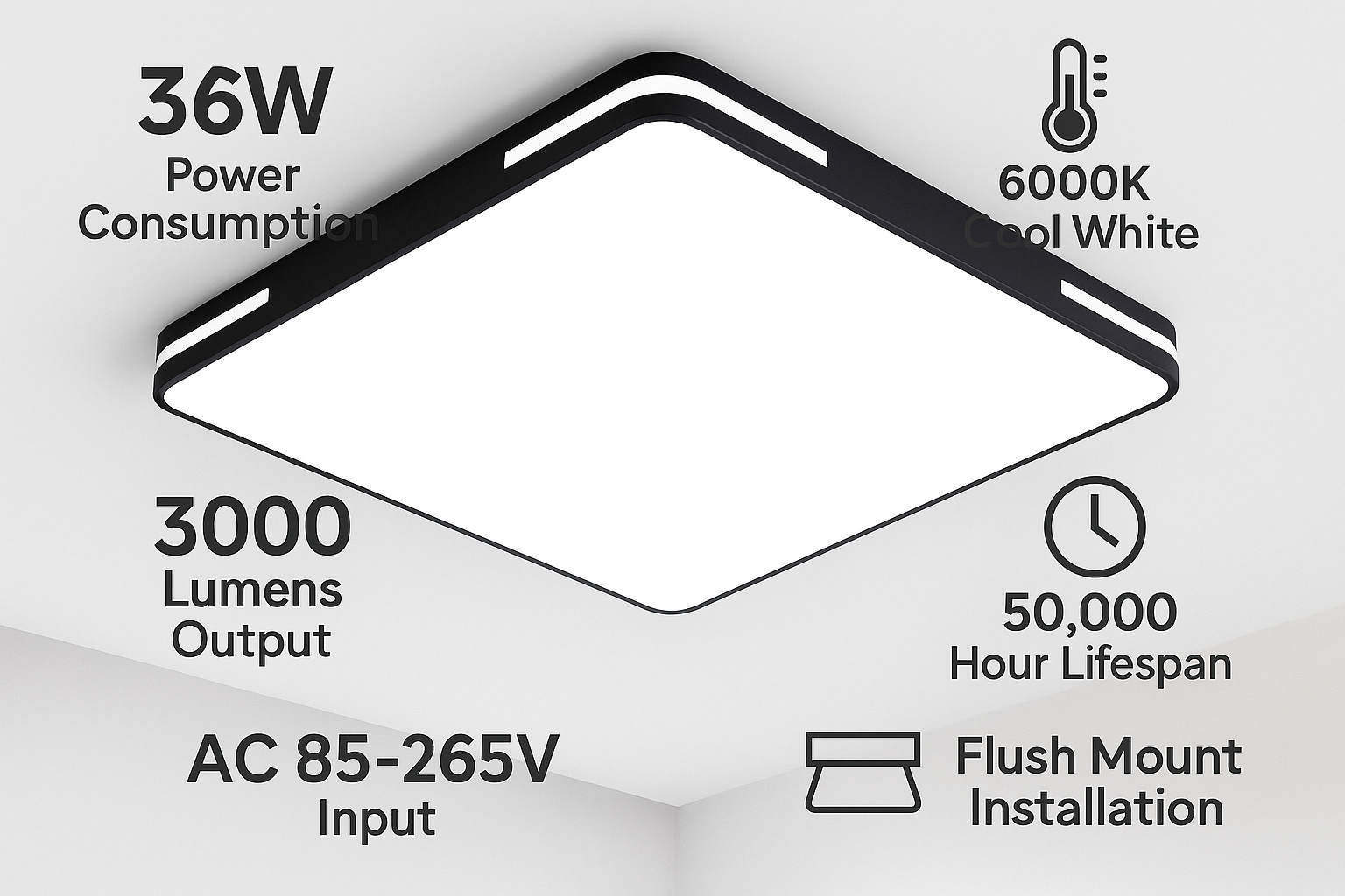 Lumora Plafondlamp – Vierkant Design met 36W LED, Helder Koelwit Licht & IP44 Bescherming