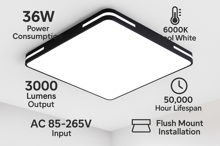 Lámpara de techo Lumora – Diseño cuadrado con LED de 36W, luz blanca fría brillante y protección IP44