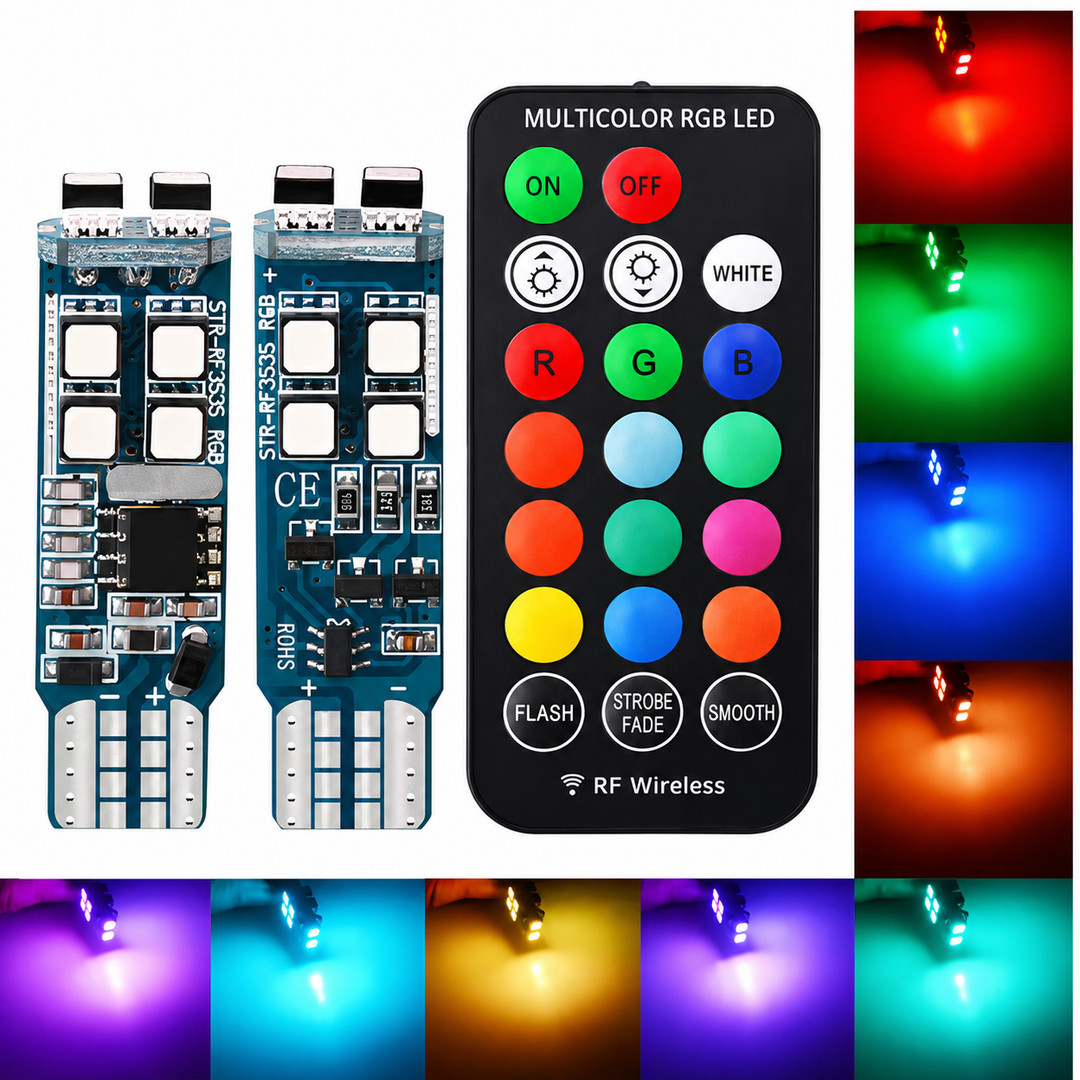T10 LED Auto Lampjes – 2 stuks RGB W5W verlichting met afstandsbediening Vestragear