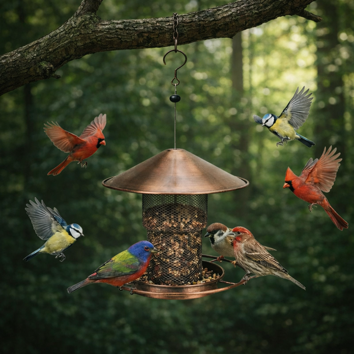 Vogelvoederhuis – Metalen hanging feeder met beschermkap en ruim voederreservoir Vestragear