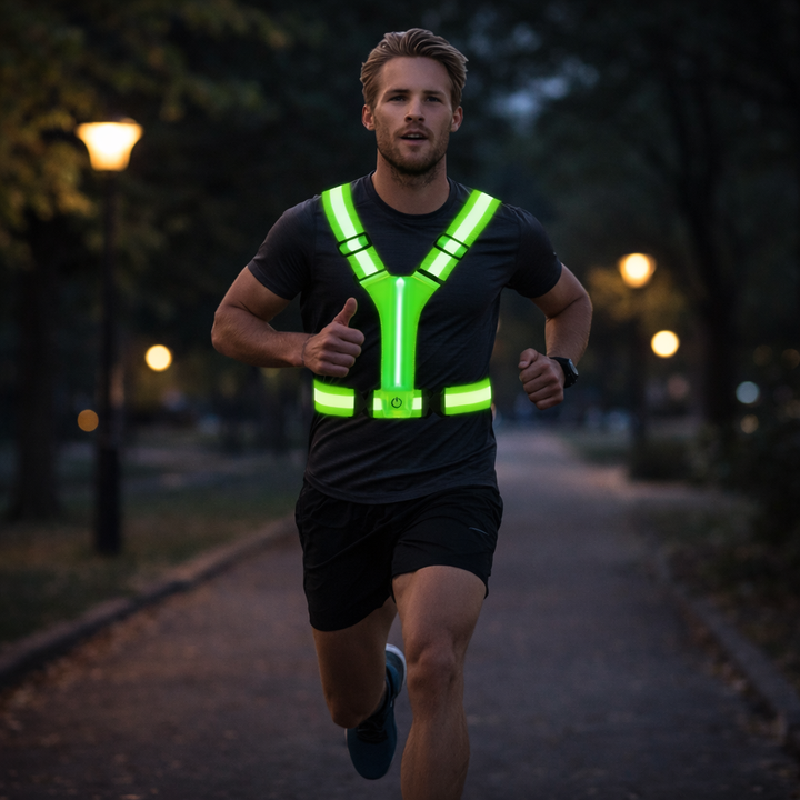 Gilet da corsa LED – Ricaricabile, Riflettente, Visibilità a 360°, Unisex