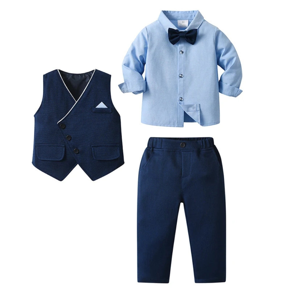 Chic Jongenspak 3-delig – Blauw Overhemd, Gilet en Broek met Strikje 1