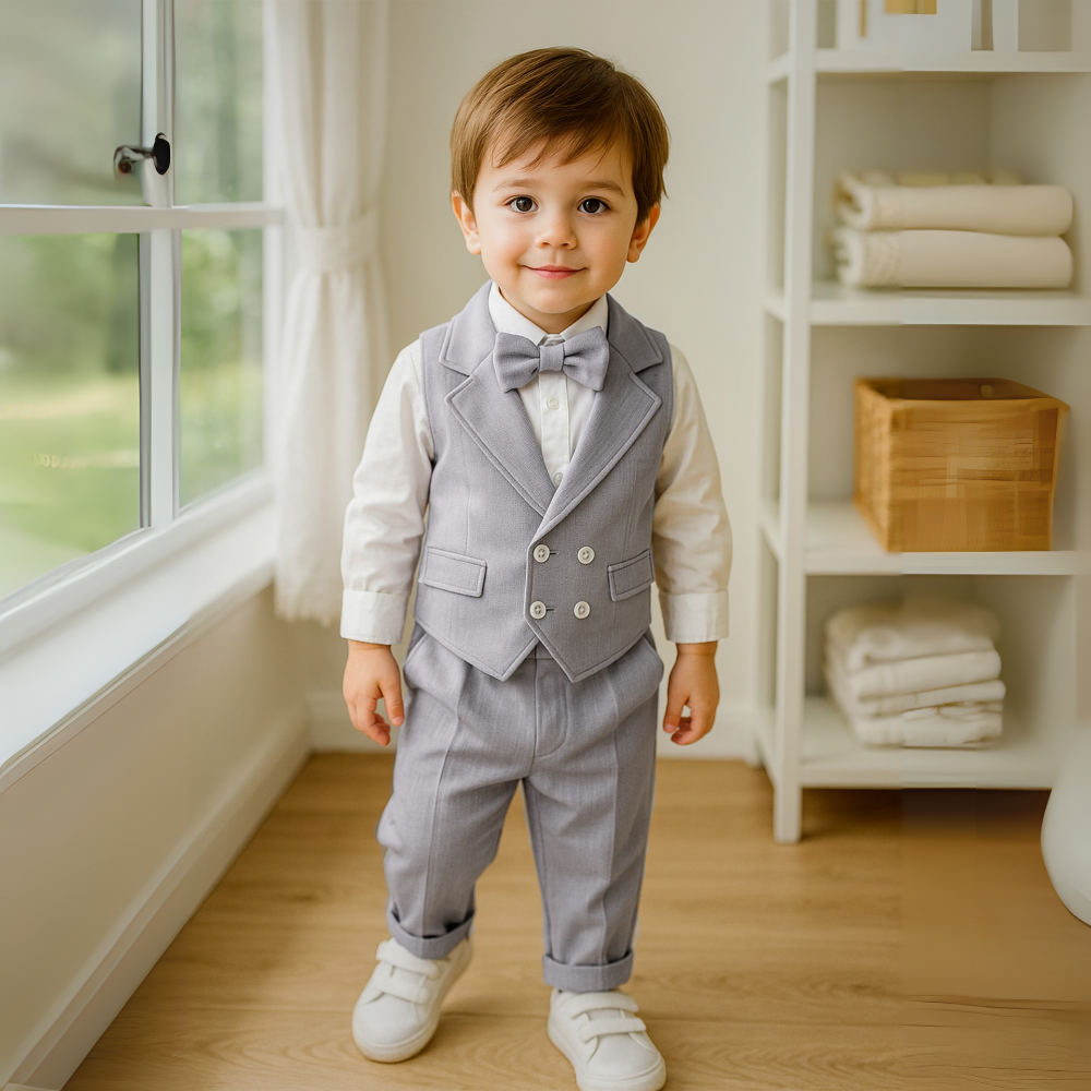 Chic Jongenspak 3-delig – Blauw Overhemd, Gilet en Broek met Strikje 9