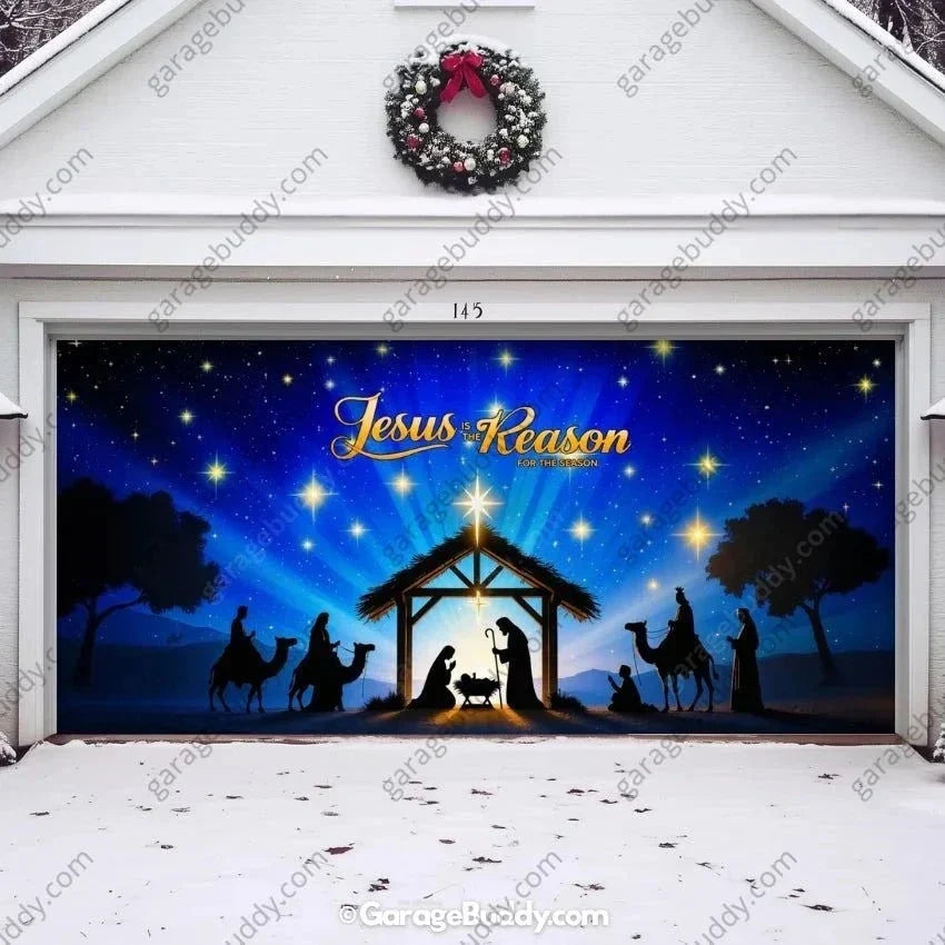 Christmas Garage Door Cover with Nativity Scene and Starry Sky Design 1