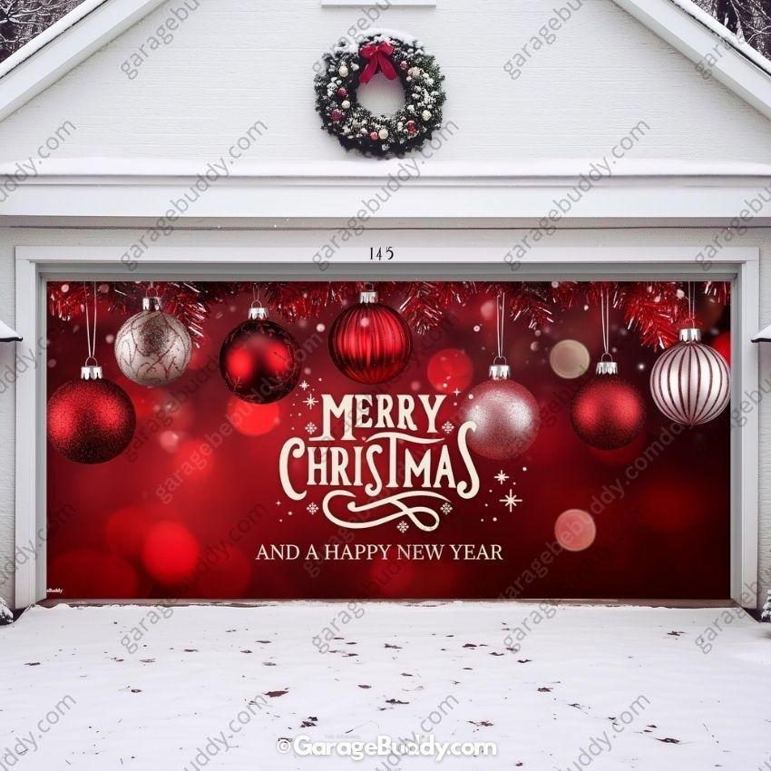 Christmas Garage Door Cover with Red Ornaments and Holiday Greeting 1