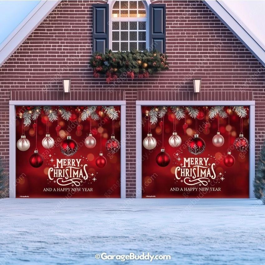 Christmas Garage Door Cover with Red Ornaments and Holiday Greeting 6